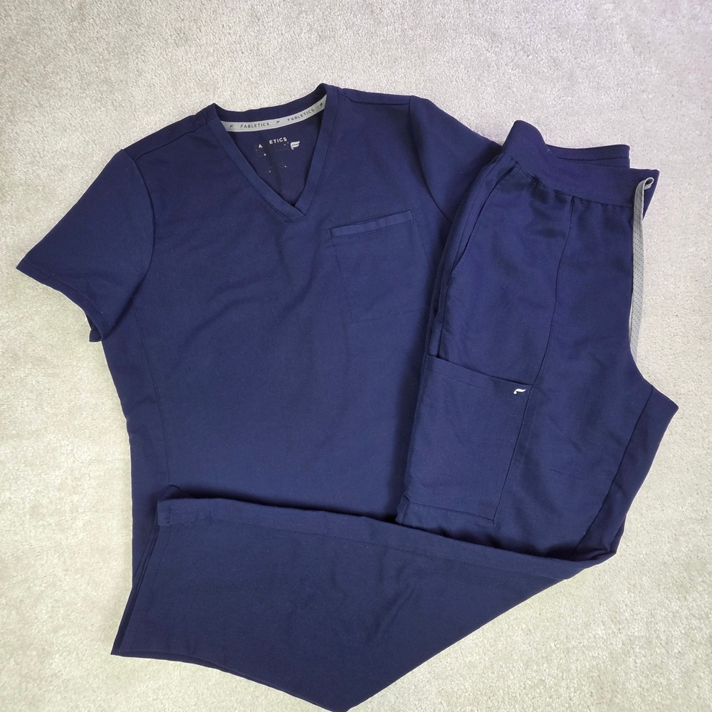 Fabletics Women Navy Blue Scrub Set V-Neck Top Cargo Pants Medical Uniform Med